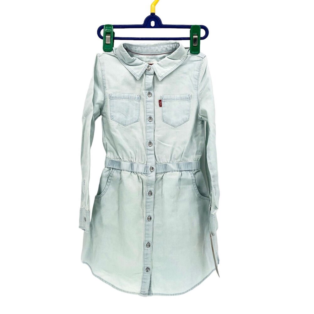 NEW Levi's Girls Chambray Shirt Dress Long Sleeve Light Blue Sz 5 Small 4 - 5yrs